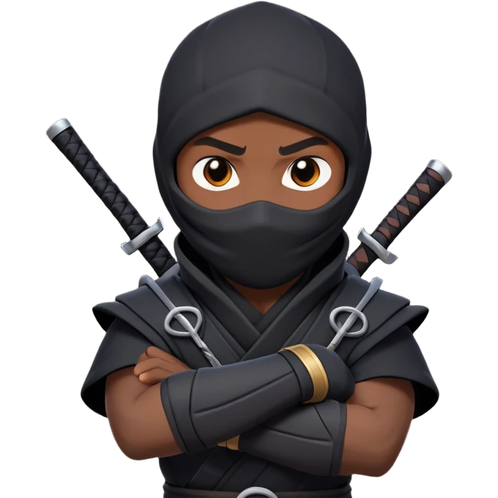 clash-of-clans-aesthetic_-cinematic-mysterious-male-ninja-portrait-emoji, rendered in a flat, vector-style with minimal shading and bold, simplified shapes, his arm is stretched out  with a head slightly turned revealing intense, focused eyes. the ninja has his arm out and perched on top of his forearm is  a black crow emoji