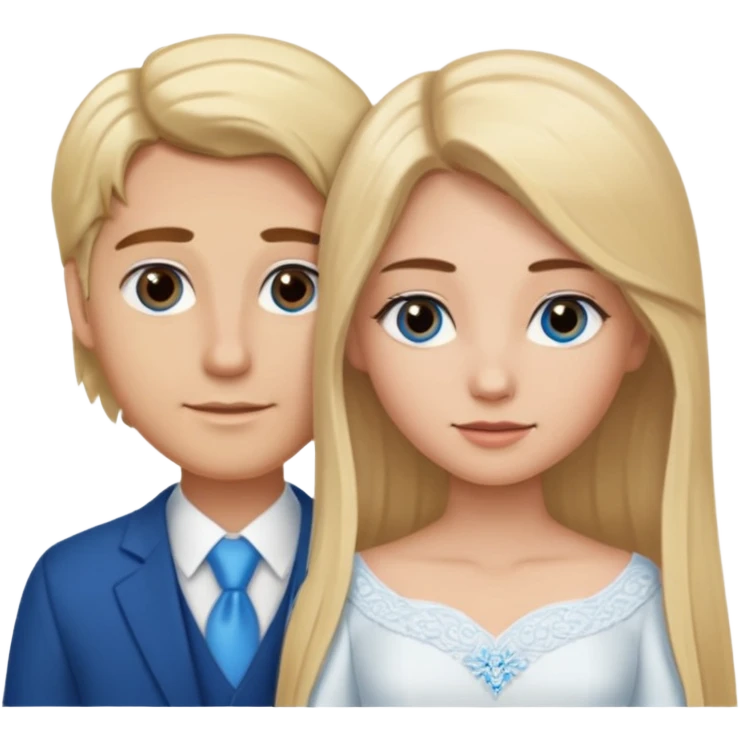 a blonde girl with a middle part with long hair and blue eyes and brown eyebrows marrying a man with light brown hair with a middle part and brown eyes  emoji