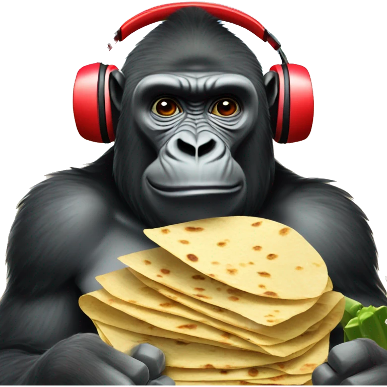 Gorilla, wearing red headphones and eating tortillas in a desert with cacti emoji