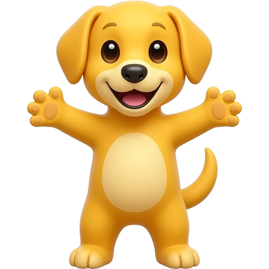 A completely bright yellow dog, standing up with legs and arms open like a little person, looking at us with a very happy expression. Its body is completely yellow. emoji