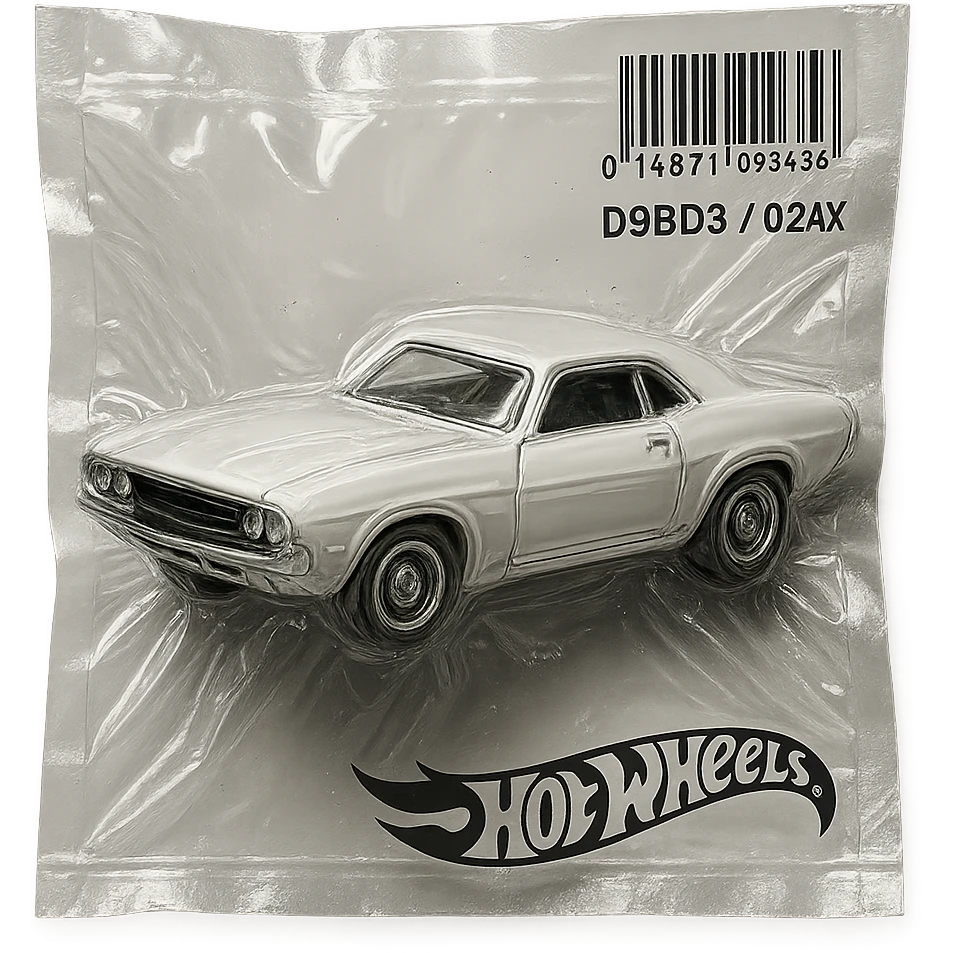 white 1971 Dodge Challenger Hot Wheels toy car, shiny and inflated, inspired by the movie 'Death Proof' emoji