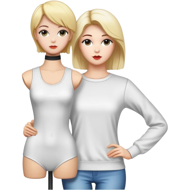 white female clothing designer, designing kpop clothing on a headless mannequin and dressing it with kpop clothing emoji