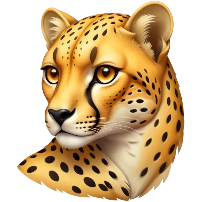 Cinematic Noble Cheetah Portrait Emoji, Poised and regal, with a lean, muscular build and a sleek, spotted Fur of golden hues, deep-set soulful amber eyes, Simplified yet sharp and sophisticated features, highly detailed, glowing with a warm, dignified glow, high shine, intelligent and swift, stylized with an air of wild elegance, focused and attentive, soft glowing outline, capturing the essence of a watchful and confident predator, so majestic it feels as though it could sprint out of the screen with effortless authority! emoji