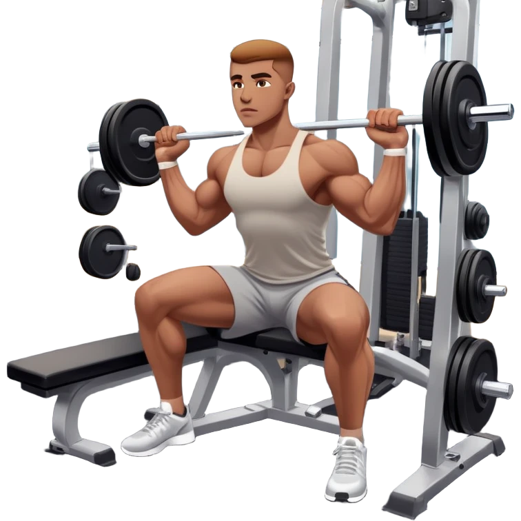 A focused athlete working out on a strength training machine in a modern gym. Muscles engaged, expression determined, demonstrating power and endurance. The gym is filled with equipment like dumbbells, barbells, and mirrors reflecting effort, creating a high-energy atmosphere. emoji