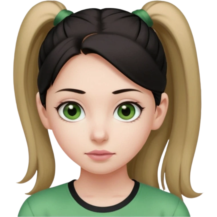 create an emoji of a young woman. She has a kind look, with long light brown hair in a single ponytail with a black hair tie, dark green eyes, pale skin, natural soft pink lips. she wears a green y2k top emoji