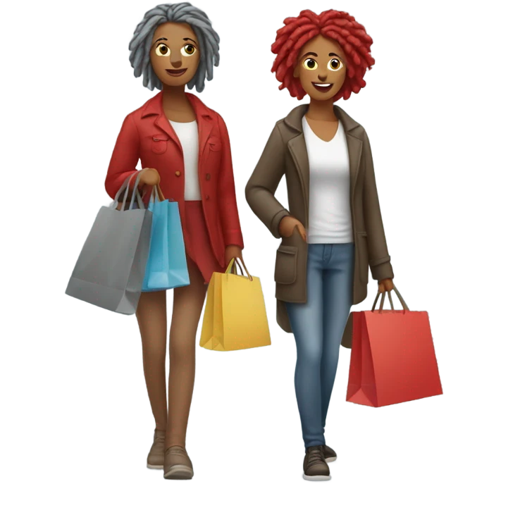Brown woman with red locs and fair woman with gray locs shopping  emoji