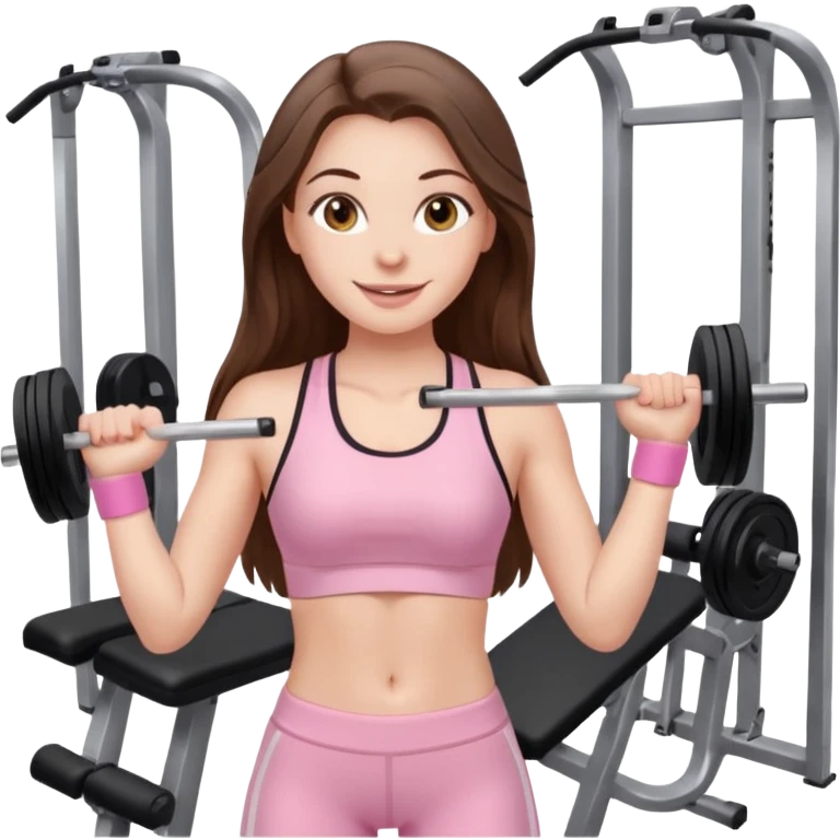 happy white long brunette hair girl with hazel eyes in light pink workout clothes at the gym emoji