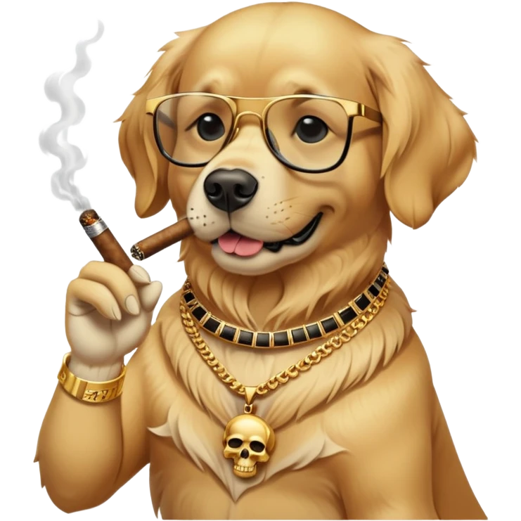 A golden retreiver that wearing heavy gold neckless with the skull medal and pair of black eyeglasses oo his eyes and a rolex whatch on his arm while smoking a cigar emoji