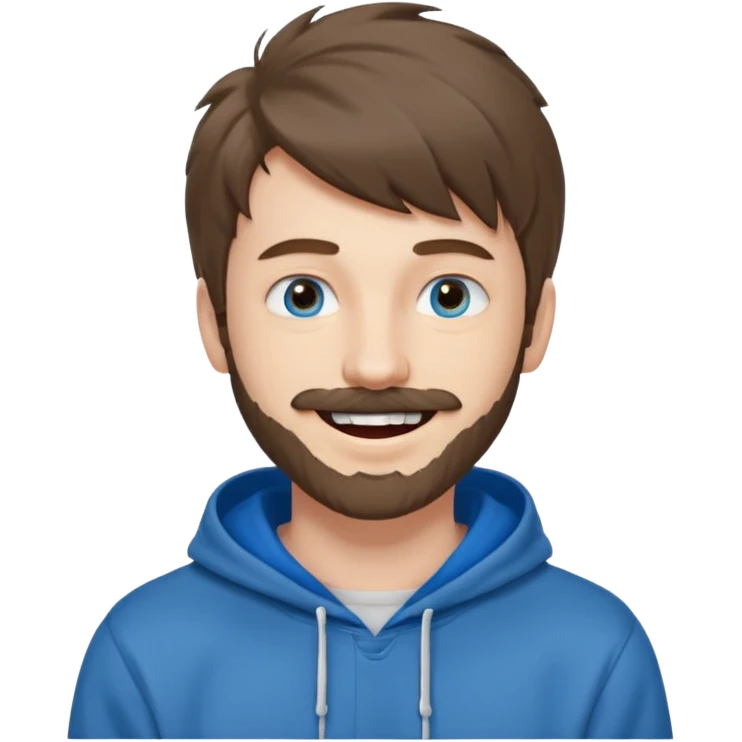 20 year old man, short scruffy beard and thin moustache, brown puffy mullet, blue eyes, big smile, white teeth, big lips, pronounced jaw, hair longer in back, sticking up on top, thin face, grey hooded sweatshirt, pale skin, big smile, blue eyes, puffy hair that is long in back emoji