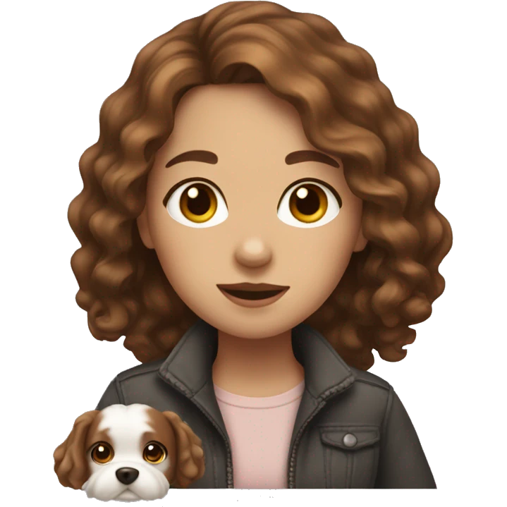 Girl with brown wavy hair with a little white dog emoji