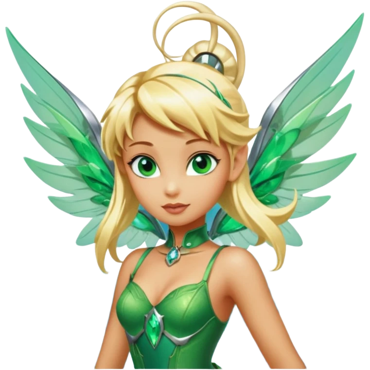 Isolated, 3D rendering, Tinkerbell with futuristic cyberpunk style and colors, ultra detailed wings, flying above the fluffy clouds near the moon, blonde long shiny hair,  emerald green eyes, still life, vivid colors, full view. emoji