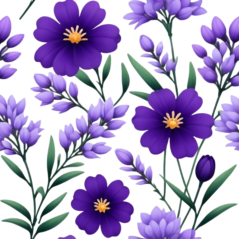 "A collection of dark violet and light lavender flowers in a botanical style."
 emoji