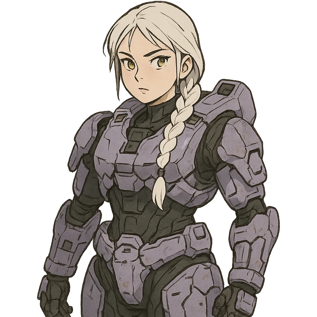 female, wearing reach spartan armor default, long white braid hair, gold yellow eyes, attention pose, halo series, no helmet, the armor is lavender color scheme, shoulder pad off. DDD bust size fitting. Punk gothic cyberpunk emoji