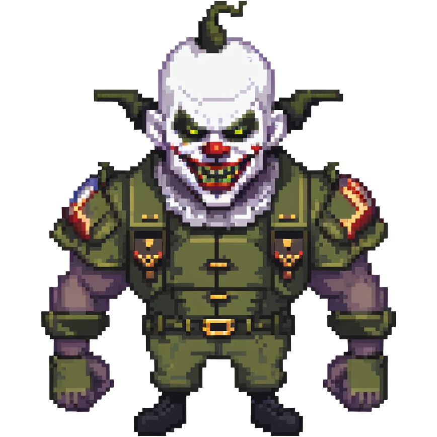 evil clown soldier, bald, short black devil horns on forehead, fangs, pointed ears, black and military green clothes, realistically proportioned, bulky and muscular, full body, fighting stance emoji