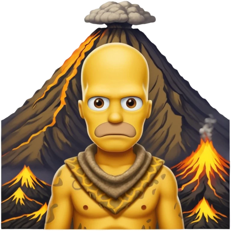 a simpson guy wearing ancient animal skin cloth with volcano behind, half body, icon emoji