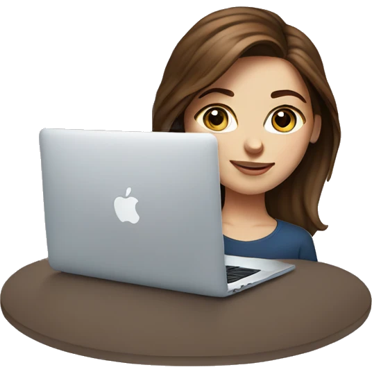 realistic portrait of brown-haired girl MacBook coffee blue eyes emoji