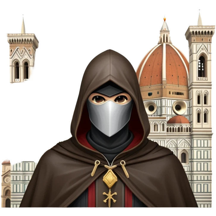 icon featuring Assasin's Creed in an iconic assassin's hood, standing tall against the backdrop of Florence. The design captures the essence of adventure, with intricate details of historical architecture and a sense of mystery. The character is poised, ready for action. transparent background. emoji