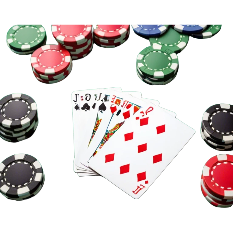 A photorealistic icon featuring playing cards and a stack of poker chips on a green felt table. Bright, detailed design with realistic textures and lighting. Transparent background, clearly symbolizing card games and strategy. emoji