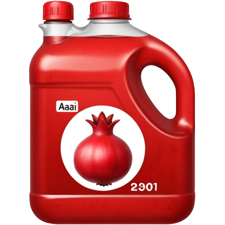 A Pomegranate and a 20 liter plastic container of used or burnt cooking oil with the brand name of راد روغن emoji