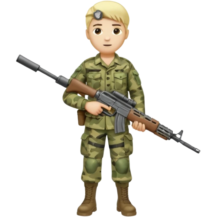 Full body of a Blonde army man holding service weapon and wearing camo uniform  emoji