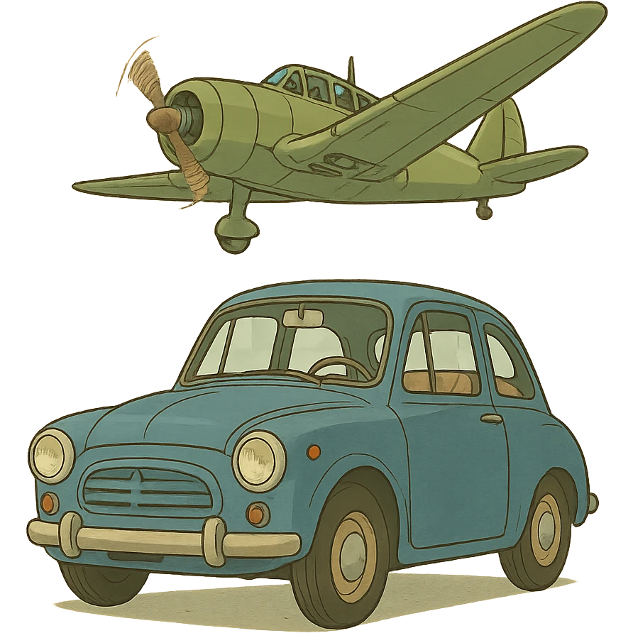ghibli style car with a plane emoji
