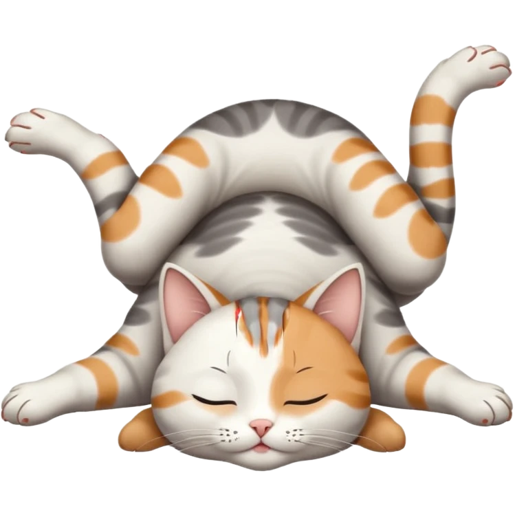grey and white small cat eyes closed lying down upside down with paws stretched out straight in different directions emoji