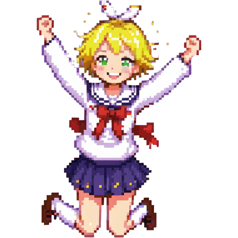 Pixel art anime girl with short bright yellow hair wearing Japanese sailor style school uniform, jumping excitedly with arms raised high, big smile and sparkling happy eyes emoji