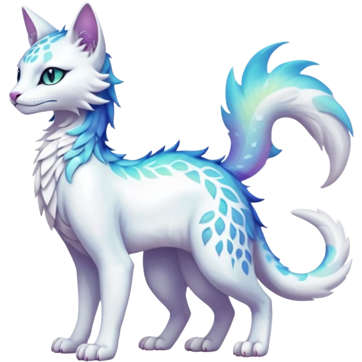 Kawaii white iridescent beautiful pretty elegant divine edgy fantasy feline-vernid-fionbri-sergal-fursona animal creature with a tufted tail full body with intricate markings  emoji
