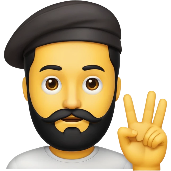 rounded yellow emoji face, black beard, side-facing mouth, one eyebrow raised, hand making a 'no' gesture emoji