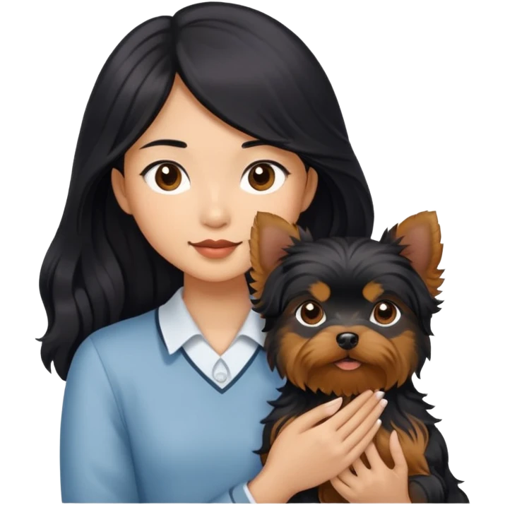 A couple holding a small Yorkshire Terrier together. The girl is Asian with long, luscious wavy black hair (loose, no hair tie). She is standing beside a brown-skinned man with a short middle part haircut emoji