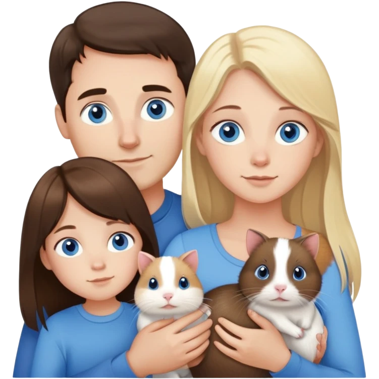 Family portrait with father with dark brown hair and blue eyes, mother with light brown hair and blue eyes, three blonde little girls with blue eyes, plus a cat and two guinea pigs emoji
