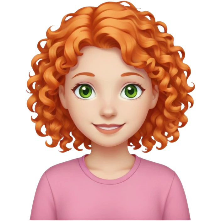 smiling pale girl with curly orange hair, green eyes, pink shirt emoji
