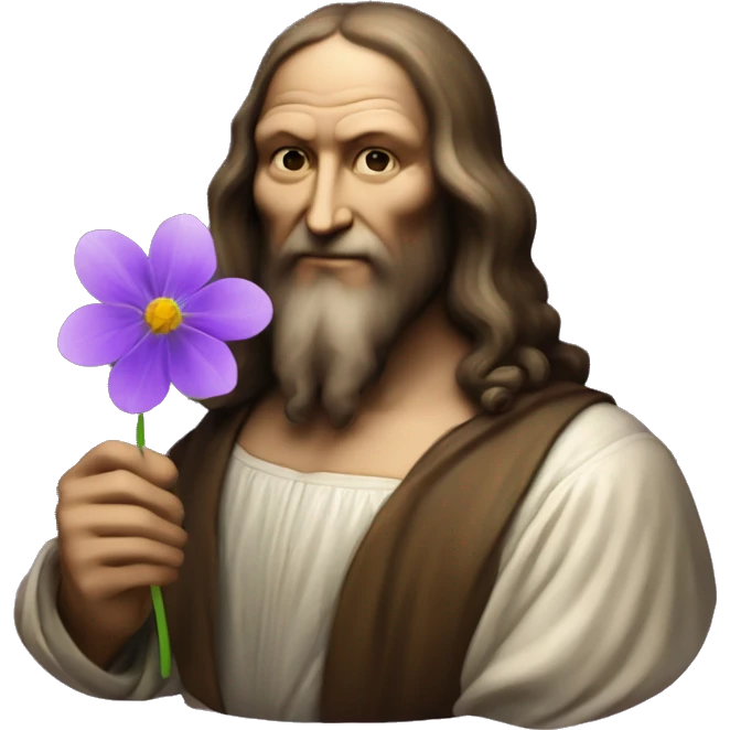 leonardo da Vinci holds a purple flower in his hands emoji