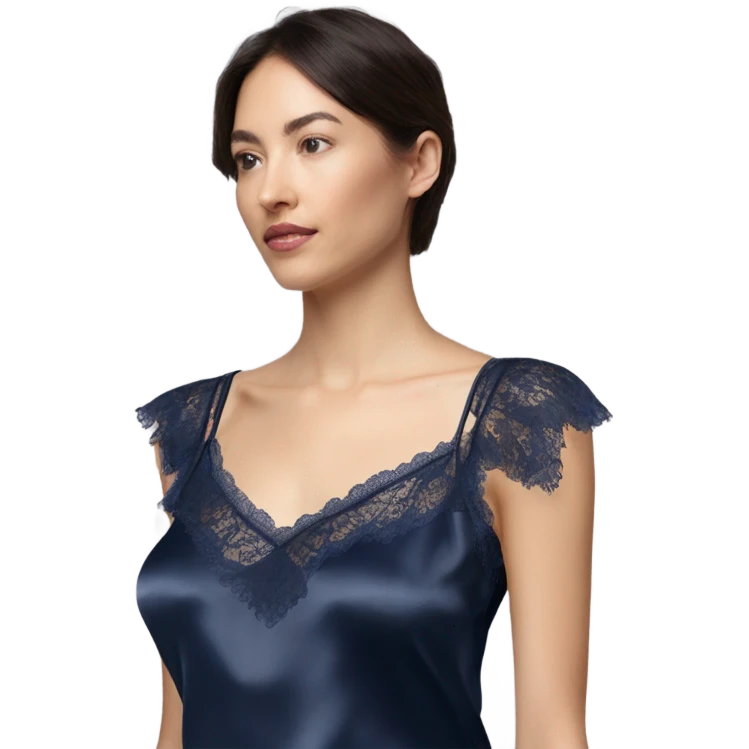 Realistic isolated side view of a navy blue lace silk camisole blouse. emoji