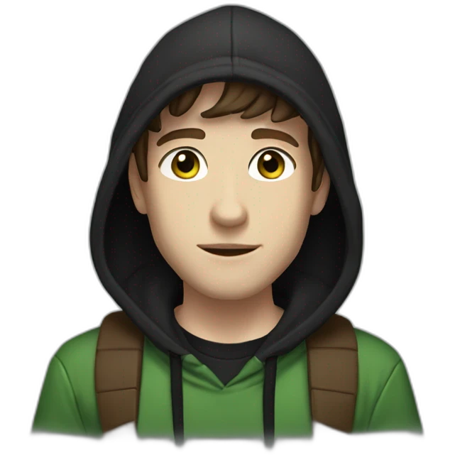 Man wearing black hoodie, black and green snapback hat, brown hair, brown eyes, pale skin, giving peace sign emoji