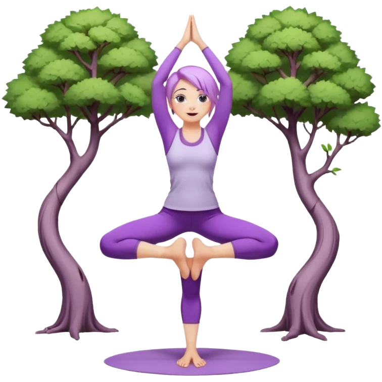 Девушка белокожая, со светло-фиолетовыми волосами, в одежде для йоги, стоит в позе дерева, с правильными пропорциями emoji