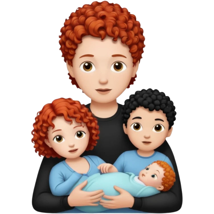 Create a picture of a family of three: a white woman with short, curly red hair, a white man with black hair, and a white baby girl with curly black hair. emoji