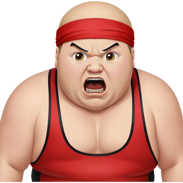 Extreme close-up of face of morbidly obese white skin guy with young face, prominent BLACK DURAG tied clearly on head, black beard but no mustache, clean shaven upper lip, black eyes in a red and black wrestling singlet with mouth wide open screaming angrily emoji