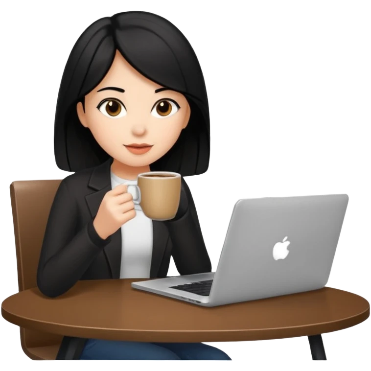 laptop and coffee are on the table. coffee is not on the laptop. the girl with medium-length black hair is drinking coffee. emoji