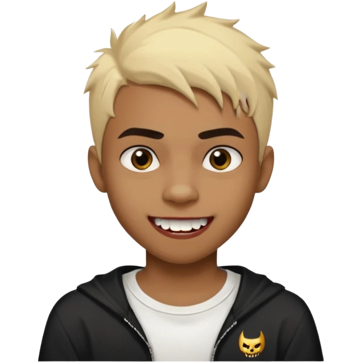 Black Male Teenager with Short punk messy blonde hair, Dark brown bushy eyebrows large expressive golden-brown eyes, wearing a plain white t-shirt, Dark Brown skin color. vampire tooth emoji