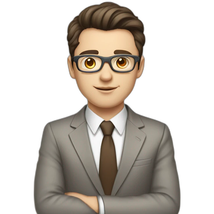 Pale skinned fit man with dark brown hair in gray jacket, beige office shirt, brown tie, brown pants and vintage glasses Writing text on a marker board emoji