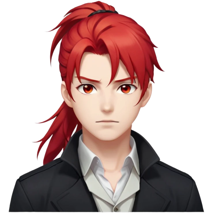 Handsome gorgeous anime man with bright-red hair, thick long ponytail, red eyes, white shirt, black jacket, stone face, Diluc, Genshin Impact emoji