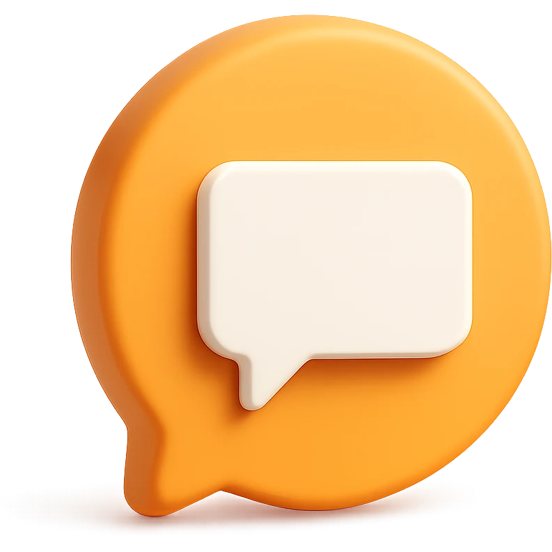3D orange circular comment icon with a white rectangular speech bubble inside, modern social media style, with subtle drop shadow emoji