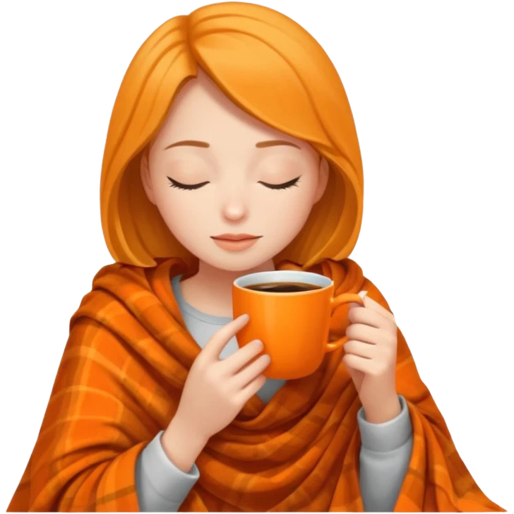 girl inside a blanket sipping coffee eyes closed ,make coffe cup orange emoji