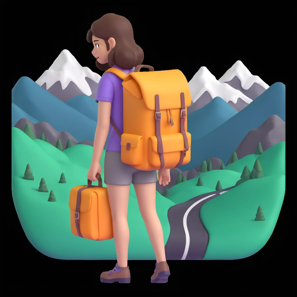portrait of girl back packing mountains in background, close up pose emoji