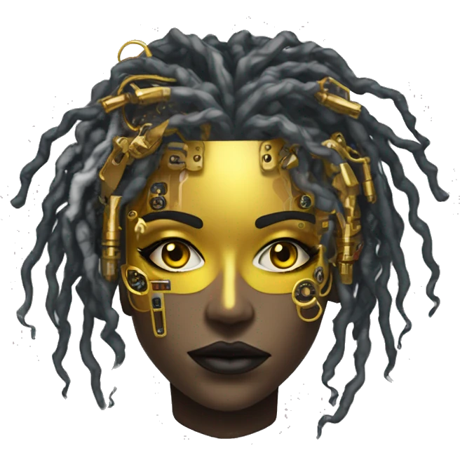 black metal female cyborg head with circuitry and yellow gold curly hair emoji