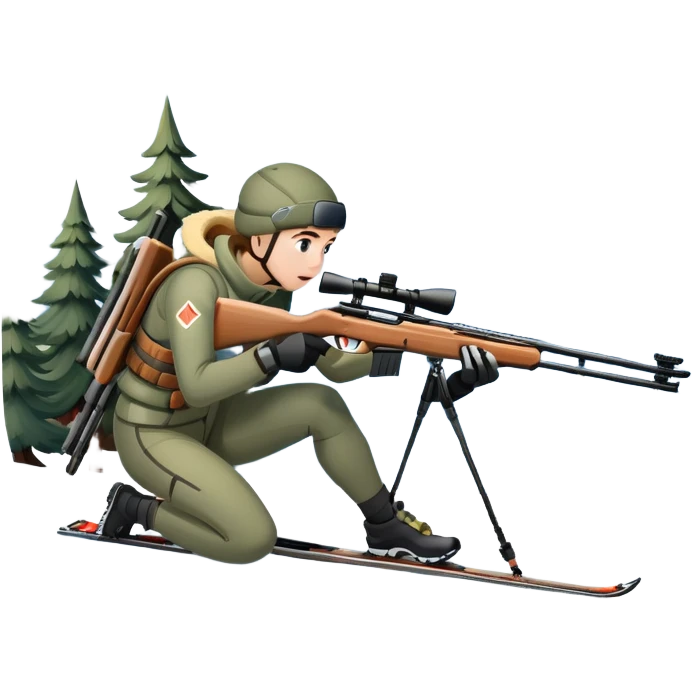 An icon showing a snowy landscape with pine trees, mountains, and a clear sky with a biathlete aiming a rifle in the foreground, wearing winter gear and skis. Transparent background emphasizes the precision, endurance, and beauty of this winter sport. emoji
