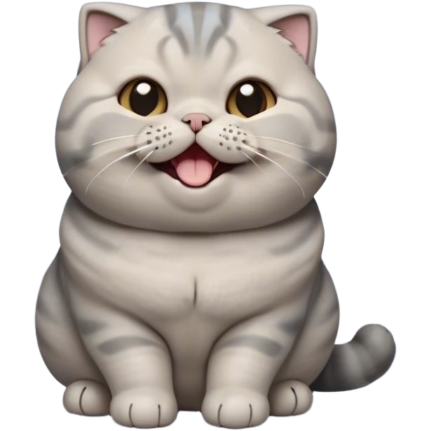 Cinematic Cute Chubby Grey Scottish Fold Cat Portrait Emoji, Head tilted playfully and yawning, round and plump body with sleek soft grey fur and subtle blue undertones, adorable folded ears, Simplified yet adorable features, highly detailed, glowing with a warm, friendly glow, high shine, curious yet calm, stylized with a touch of whimsy, bright and endearing, soft glowing outline, capturing the essence of a mischievous yet loving and lazy kitty with those signature folded ears, so cute it feels like it could stretch out of the screen and cuddle! emoji