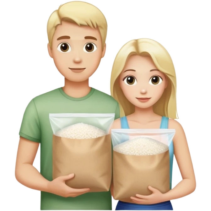 Blonde guy and blonde girl holding a plastic bag of white rice emoji