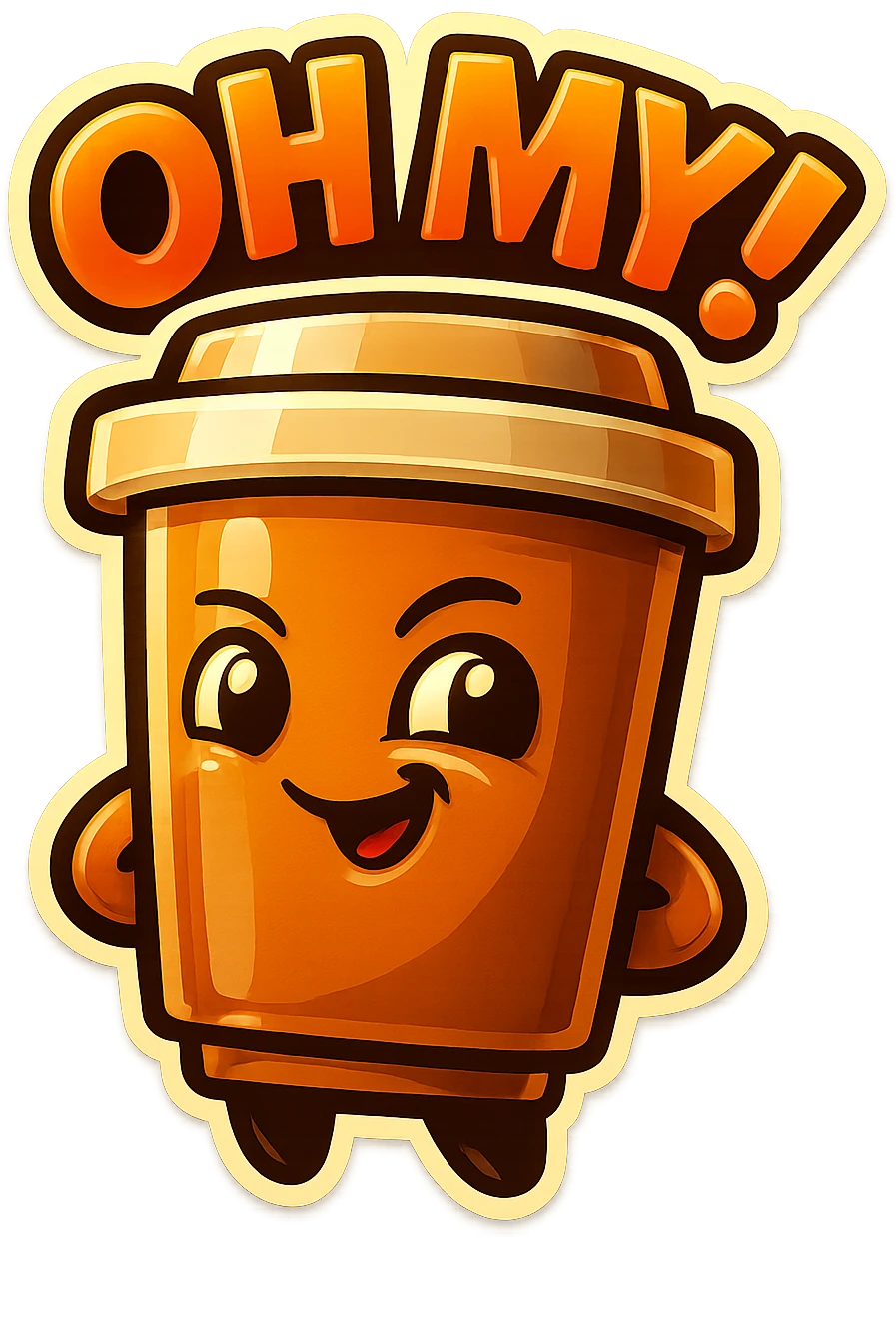 Tall coffee cup, mischievous smirk, looking sideways, big "Oh My!" emoji